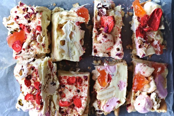 Rose, white chocolate and pink peppercorn rocky road.