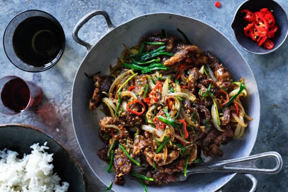 Neil Perry's stir-fried grass-fed beef fillet with cumin and red chillies.