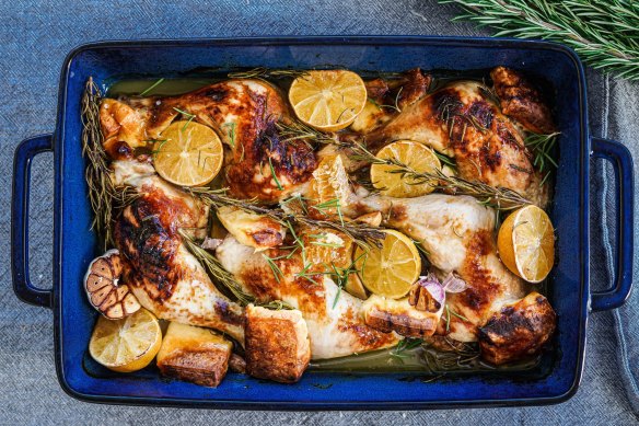 One pan chicken, haloumi and rosemary bake.