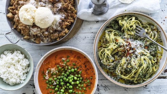 Clockwise from top left: Hetty McKinnon's pear streusel; spinach and walnut pesto pasta; and spicy tomato and coconut braised peas.