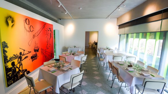 The Caravaggio Room with Reko Rennie artwork on the wall is joined by Bar Sport, The Ladies Lounge and gravel-covered courtyard.