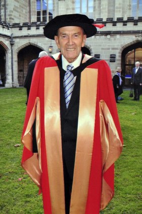 Dr John Freney after he received his PhD in agricultural science from the University of Melbourne in 2014 at the age of 85.