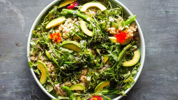 Miso rice, edamame and charred greens salad.