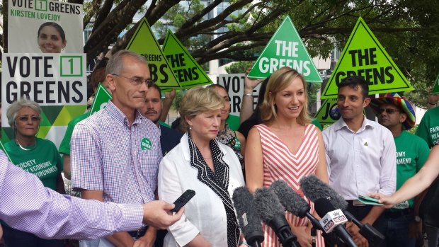 Greens Queensland lead spokesman Charles Worringham, Federal leader Christine Milne, Larissa Waters with candidates and supporters in Brisbane on Friday.