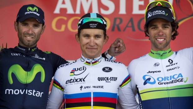 Pole Michal Kwiatkowki, of Etixx-Quick Step (centre), on the podim with Amstel runner-up, Movistar rider Alejandro Valverde, of Spain, and third-placed Michael Matthews of the Australian ORICA-GreenEDGE team.