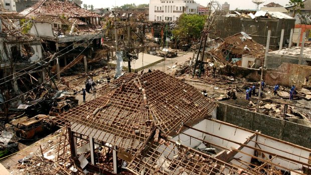 An aerial view of the devastating bomb blast scene in Bali in 2002.