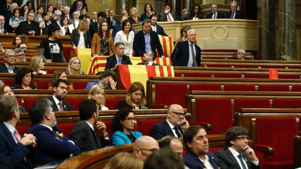 Lawmakers in the Catalan parliament in Barcelona ahead of Friday's independence vote.