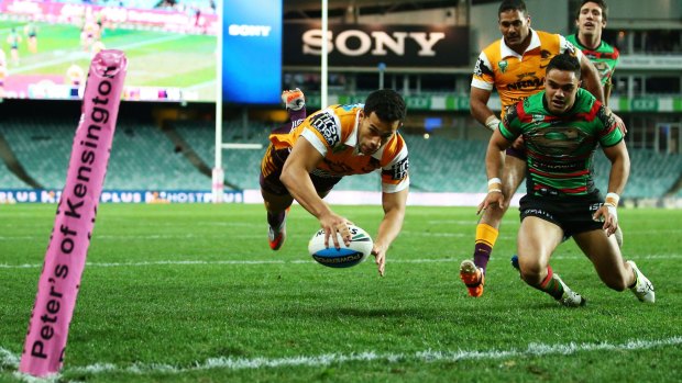 Nice tries, no fans: Jordan Kahu of the Broncos scores against South Sydney on Thursday night.