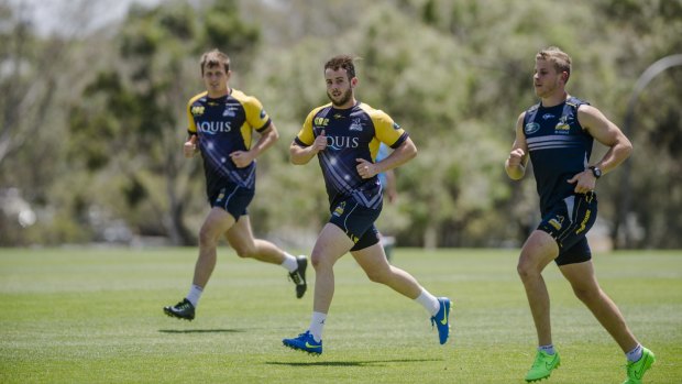 Brumbies players train in 36-degree heat on Friday.