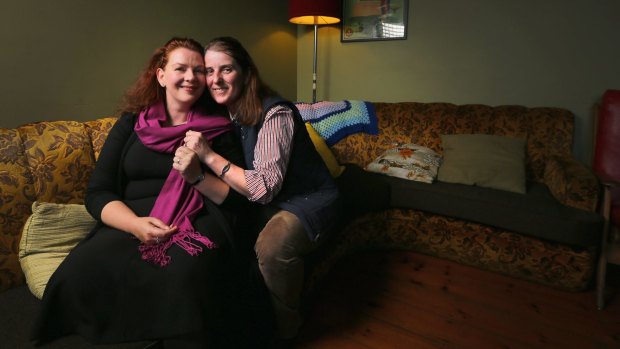 Same-sex couple Roisin (left)) and Anna Nagorcka tied the knot at Melbourne's British Consulate in January. 