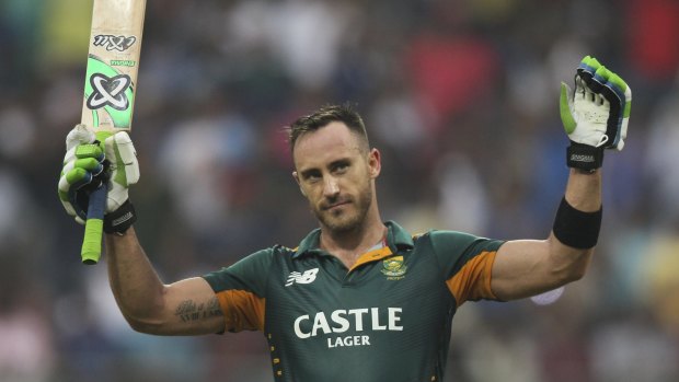 South Africa's Faf du Plessis celebrates his hundred.