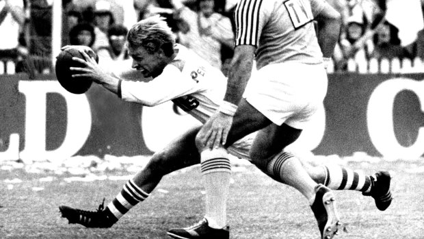 22 September 1979 St. George fullback Brian Johnson goes in for a controversial try in yesterday's Grand Final. Referee Greg Hartley is on the spot. Fairfax Media
