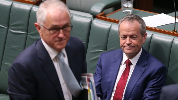 Malcolm Turnbull and Bill Shorten during a vote that Barnaby Joyce no longer be heard during question time.