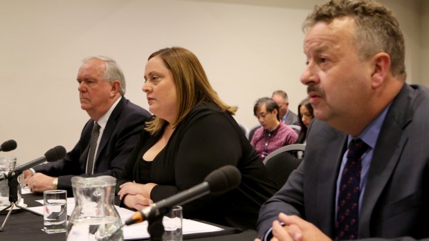 7-Eleven founder Russ Withers, left, former general manager operations Natalie Dalbo and chief executive Warren Wilmot faced a Senate inquiry last year.