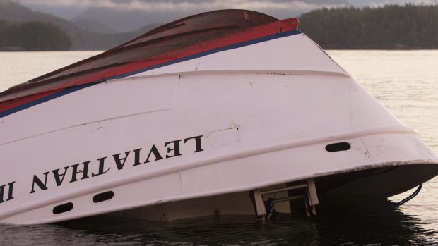 The bow of the Leviathan II, a whale-watching boat  that capsized last week.