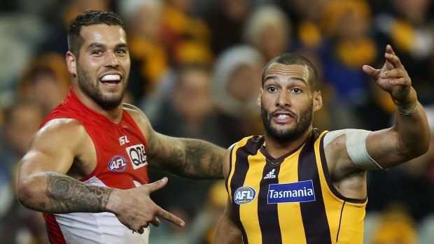 Sore loser: Lance Franklin has something in store for the Hawks.