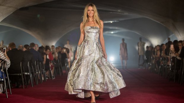 Hawkins closes the Myer show in a custom gown by Toni Maticevski.
