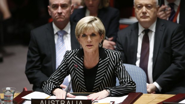 Pushing for a tribunal to prosecute the people who shot down MH17: Foreign Affairs Minister Julie Bishop speaks to members of the Security Council during a UN meeting last year.