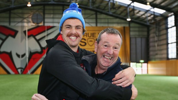 Daniher, pictured here with nephew and Essendon forward Joe Daniher, is living with MND and works tirelessly to raise money for a cure. 