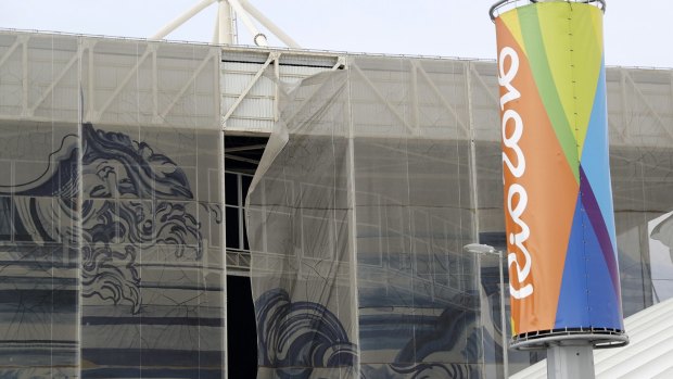 The outside of the aquatic centre in Rio was damaged by wind. 