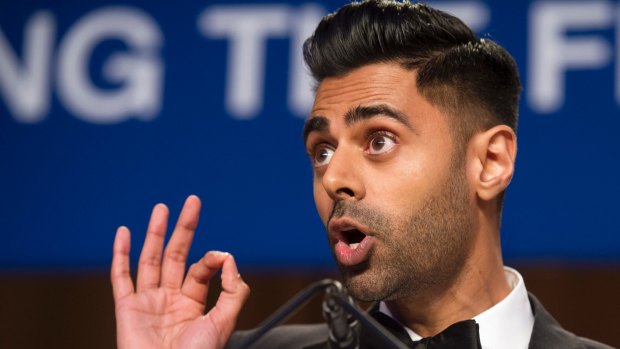 The Daily Show correspondent Hasan Minhaj entertains the guests at the White House Correspondents' Dinner in Washington.