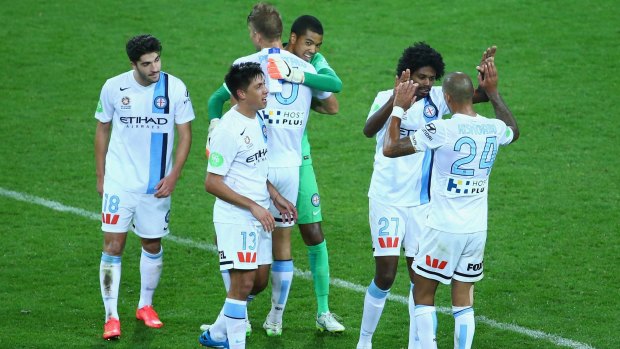 The points are ours: Melbourne City players after they defeated the Roar on Saturday.