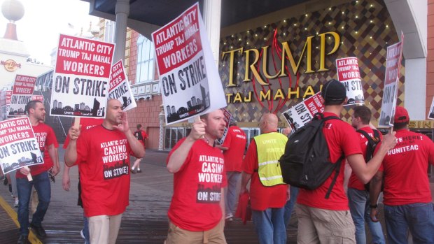 Striking union members demonstrating outside the Trump Taj Mahal casino in Atlantic City in July.