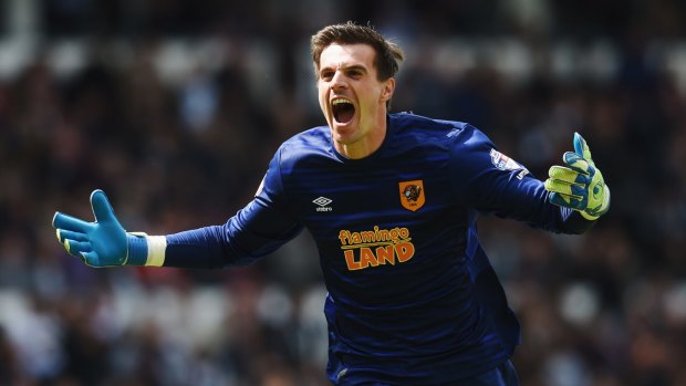 Hull City's Eldin Jakupovic celebrates during the Championship Play Off semi-final against Derby County.