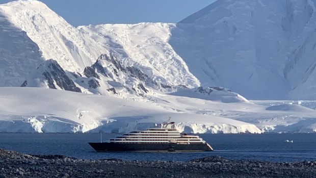 Scenic Eclipse anchored in the cove at Damoy Point on the Antarctic Peninsula. 