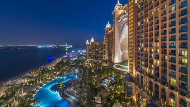View of Atlantis, The Palm and the royal pool at night