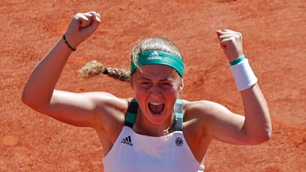 Jelena Ostapenko celebrates winning the women's final at the French Open in 2017.