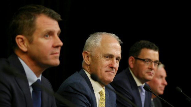 Prime Minister Malcolm Turnbull and the premiers of NSW, Victoria and Western Australia at this month's COAG meeting.