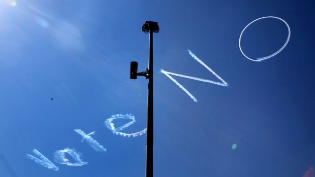 Sky-writing above Sydney's CBD supporting the negative in the debate on same sex marriage. 