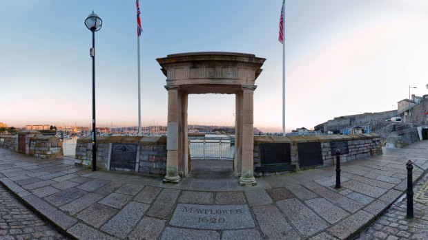 Looking out from Pilgrims Point, above the Mayflower Steps Barbican, Plymouth.