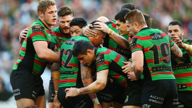Glory, glory: The Rabbitohs celebrate a try by John Sutton.
