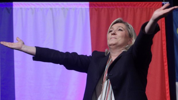 French far-right party leader Marine Le Pen gestures before a meeting in Lille, northern France.