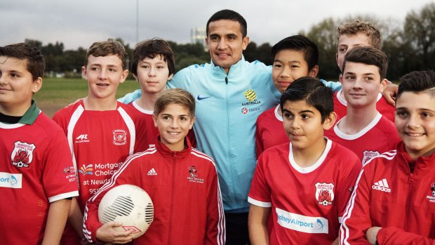 Where it all started:  Socceroos star Tim Cahill visited former junior club Marrickville Red Devils at Mackey Park on Tuesday.