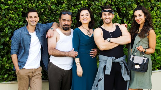 Tyler De Nawi, at left, with the cast of <i>Here Come the Habibs</i>: Michael Denkha (as Fou Fou), Camilla Ah Kin (as Mariam), Sam Alhaje (as Toufic) and Kat Hoyos (as Layla).