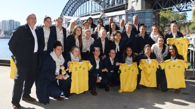 Ready: The Wallaroos pose for a photograph before departing for the Women's Rugby World Cup in Ireland. 