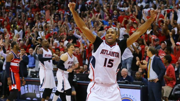 Jubilation: Hawks centre Al Horford reacts after hitting the game-winning shot to beat the Wizards 82-81 in Atlanta.  