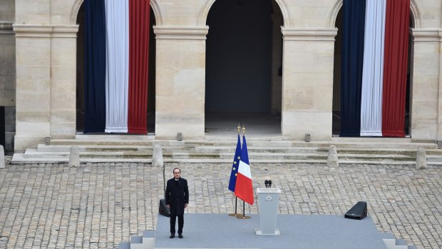 French President Francois Hollande at Les Invalides on Friday to pay tribute to the victims of the Paris terrorist attacks.