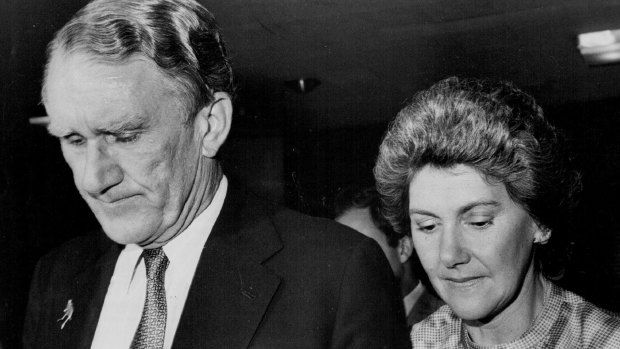 A beaten Malcolm Fraser leaves a Liberal function with his wife Tamie late on election right in 1983.

C. McKinnon