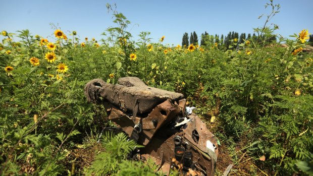 One of the pilots seats at one of the sites where the front section of MH17 crashed, on the outskirts of Rassypnoe village in the self-proclaimed Donetsk People's Republic, Ukraine. 