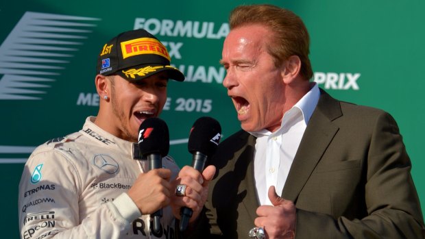 Arnold Schwarzenegger and Formula 1 winner Lewis Hamilton on Sunday. 