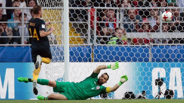 James Troisi beats Chile goalkeeper Claudio Bravo to find the net for the Socceroos in  their Confederations Cup match at the Spartak Stadium in Moscow on  Sunday.