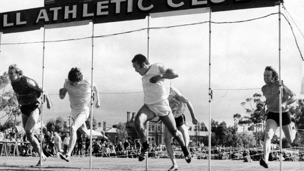Jean Louis Ravelomanantsoa (right) won the Stawell Gift in 1975 from Peter Marks (left) and Murray McGregor (second from left). 