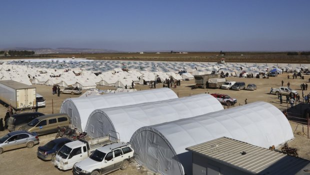A temporary refugee camp for displaced Syrians in northern Syria, near the Bab al-Salameh border crossing with Turkey. 