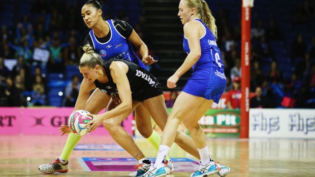 Tense:  Maria Tutaia of the Mystics defends against Casey Kopua of the Magic during the New Zealand Conference final.