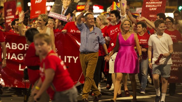 Mr Shorten with wife Chloe at the 2016 Gay and Lesbian Mardi Gras in March. 