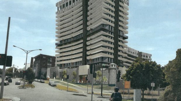 An artist's impression of the Air Apartments, with bluestone guard tower and walls in foreground. 